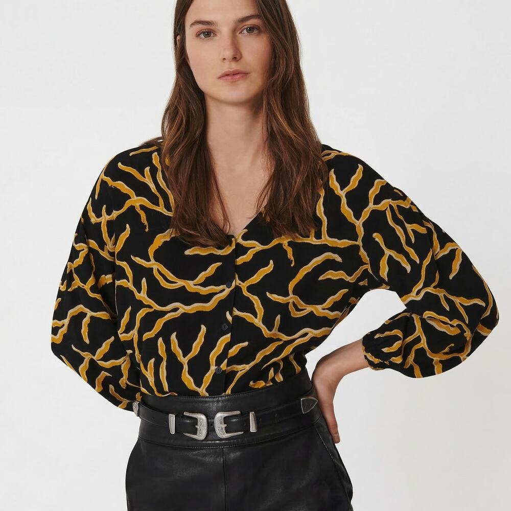 Ba&sh Clea Printed Blouse Black Yellow size Large $235